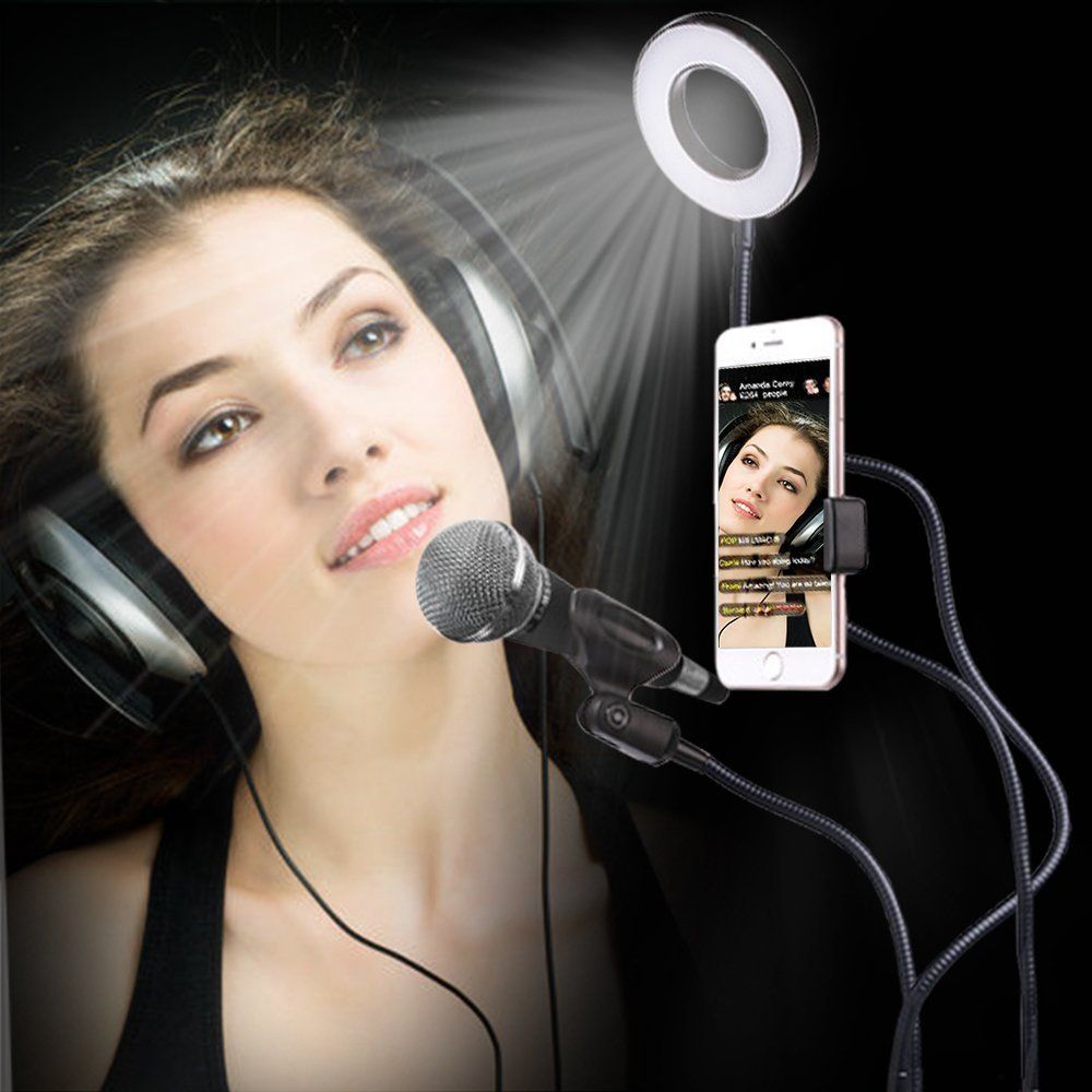 3-IN-1 18LED Selfie Light & Mobile Phone & Microphone Bracket Desktop Bracket,Adjustable 3 Lighting Colors & 9 Levels Brightness Rotating and Flexing Arm for Live Broadcast-BMK